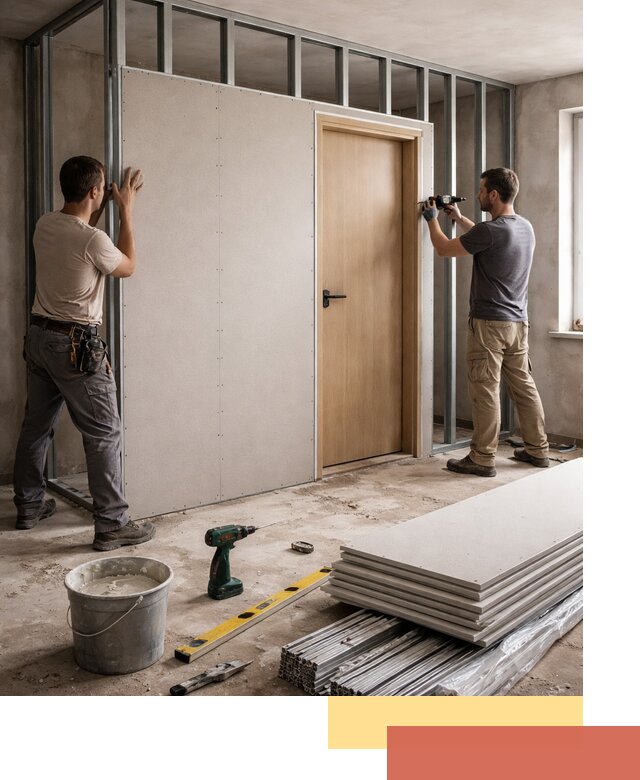 Перегородка из гипсокартона с дверью под ключ в Котельниках