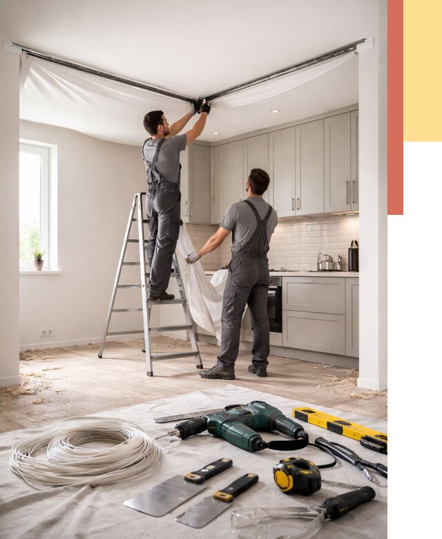 Установка натяжного потолка на кухне в Котельниках от 2548 руб. | ОТДЕЛОЧНИК-Ктн