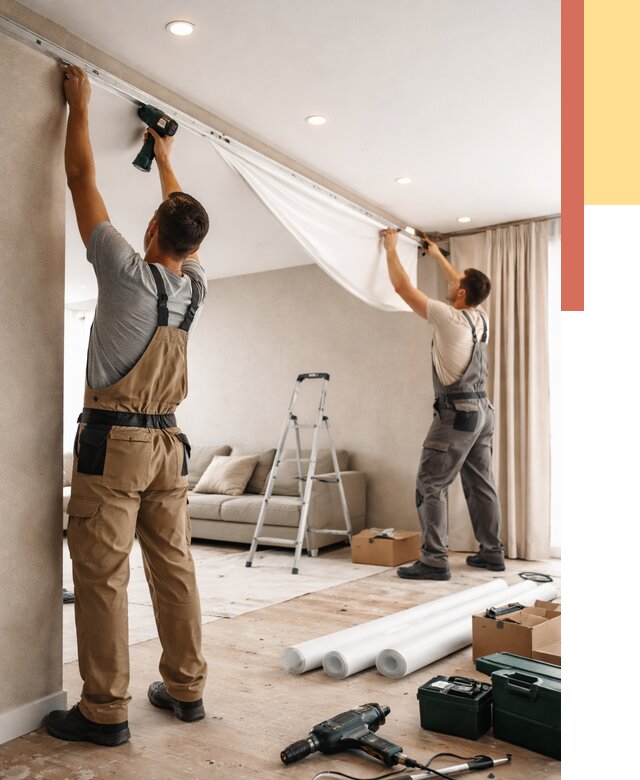 Монтаж натяжного потолка в гостиной в Котельниках от 584 руб. | ОТДЕЛОЧНИК-Ктн