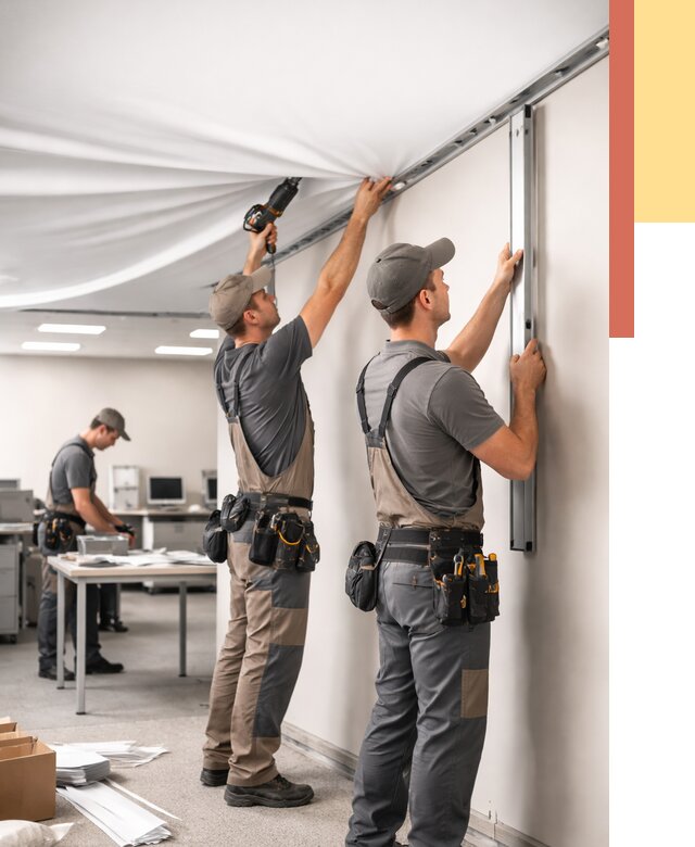 Монтаж натяжного потолка в офисе в Котельниках от 478 руб/м² — быстро и недорого | ОТДЕЛОЧНИК-Ктн