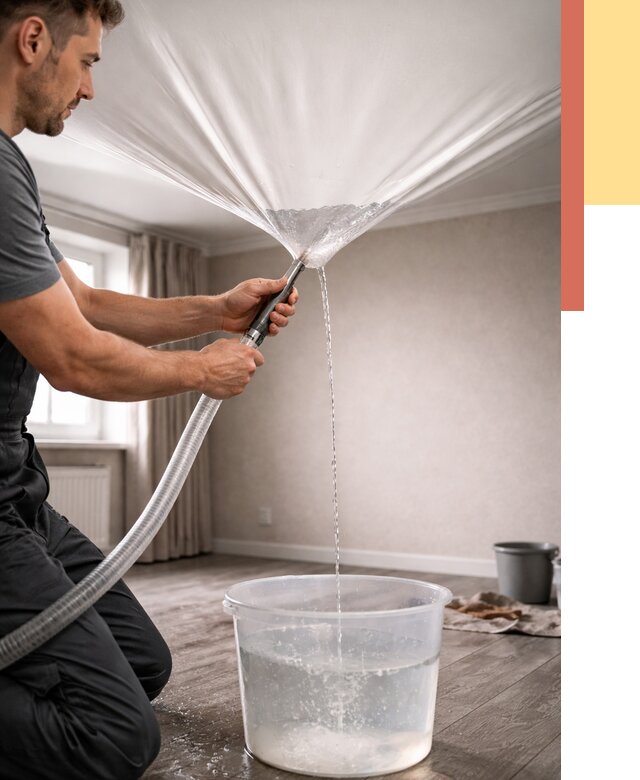 Слив воды с натяжного потолка в Котельниках от 2655 руб. быстро и недорого | ОТДЕЛОЧНИК-Ктн