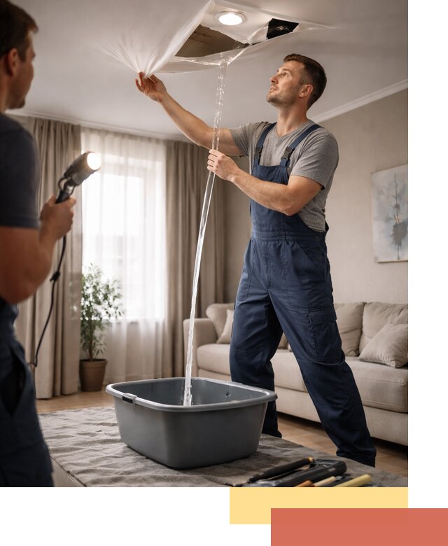 Слив воды с натяжного потолка в Котельниках быстро и аккуратно