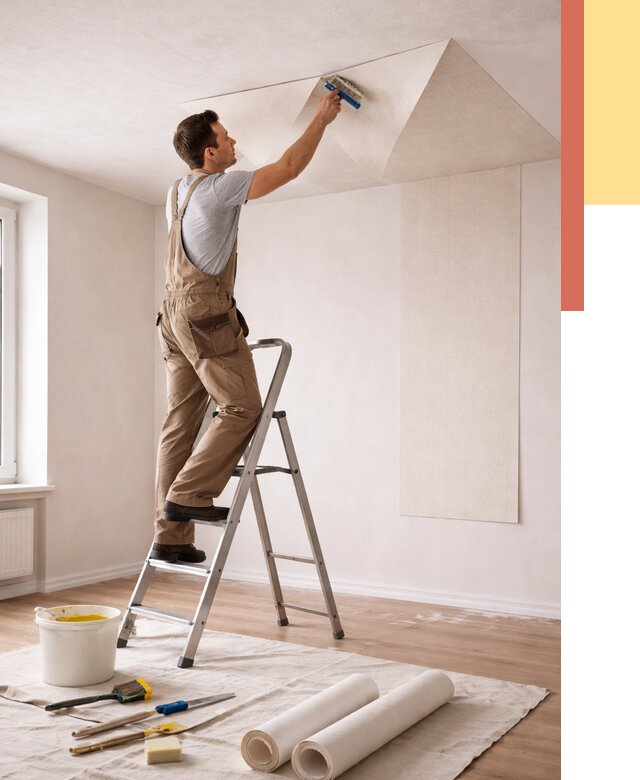 Поклейка обоев на потолок в Котельниках от 4778 руб. быстро и недорого | ОТДЕЛОЧНИК-Ктн